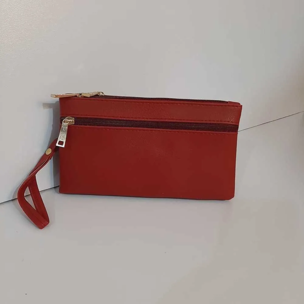 Double Zip Soft Leather Wallet - Maroon - W09