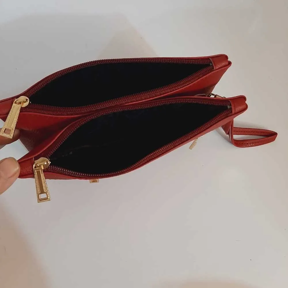 Double Zip Soft Leather Wallet - Maroon - W09