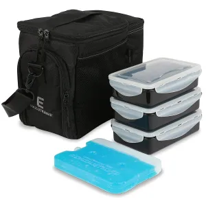 EDC Meal Prep Bag by Evolutionize - Full Meal Management System includes Portion Control Meal Prep Containers   Ice Pack (3 Meal, Black/Black) - Patent Pending