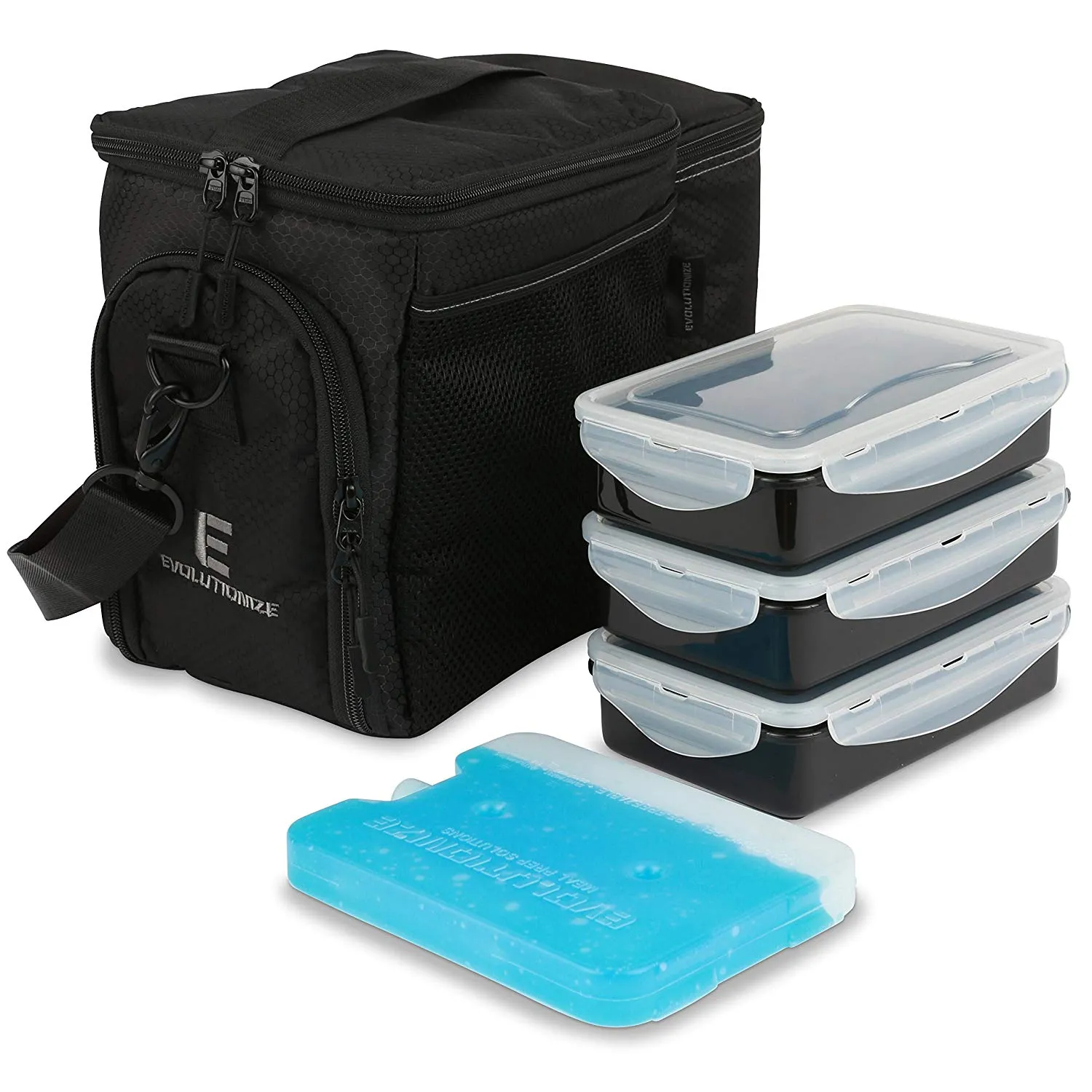 EDC Meal Prep Bag by Evolutionize - Full Meal Management System includes Portion Control Meal Prep Containers   Ice Pack (3 Meal, Black/Black) - Patent Pending