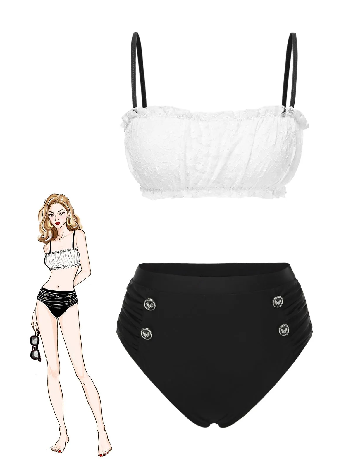 Ensemble bikini en dentelle colorblock noir et blanc années 1930