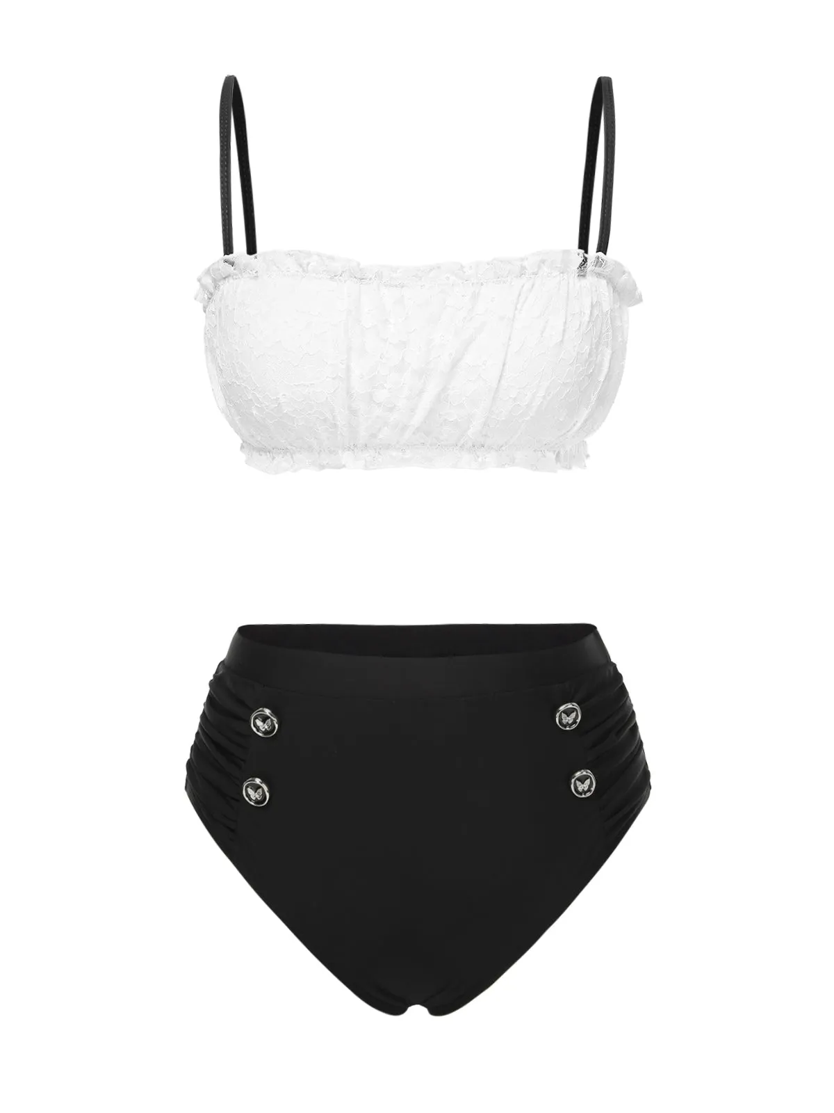 Ensemble bikini en dentelle colorblock noir et blanc années 1930