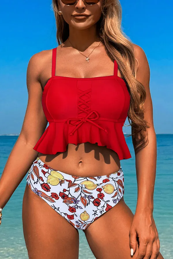 Fashionable Suspender Strap High Waist Stretch Two-piece Bikini Swimsuit