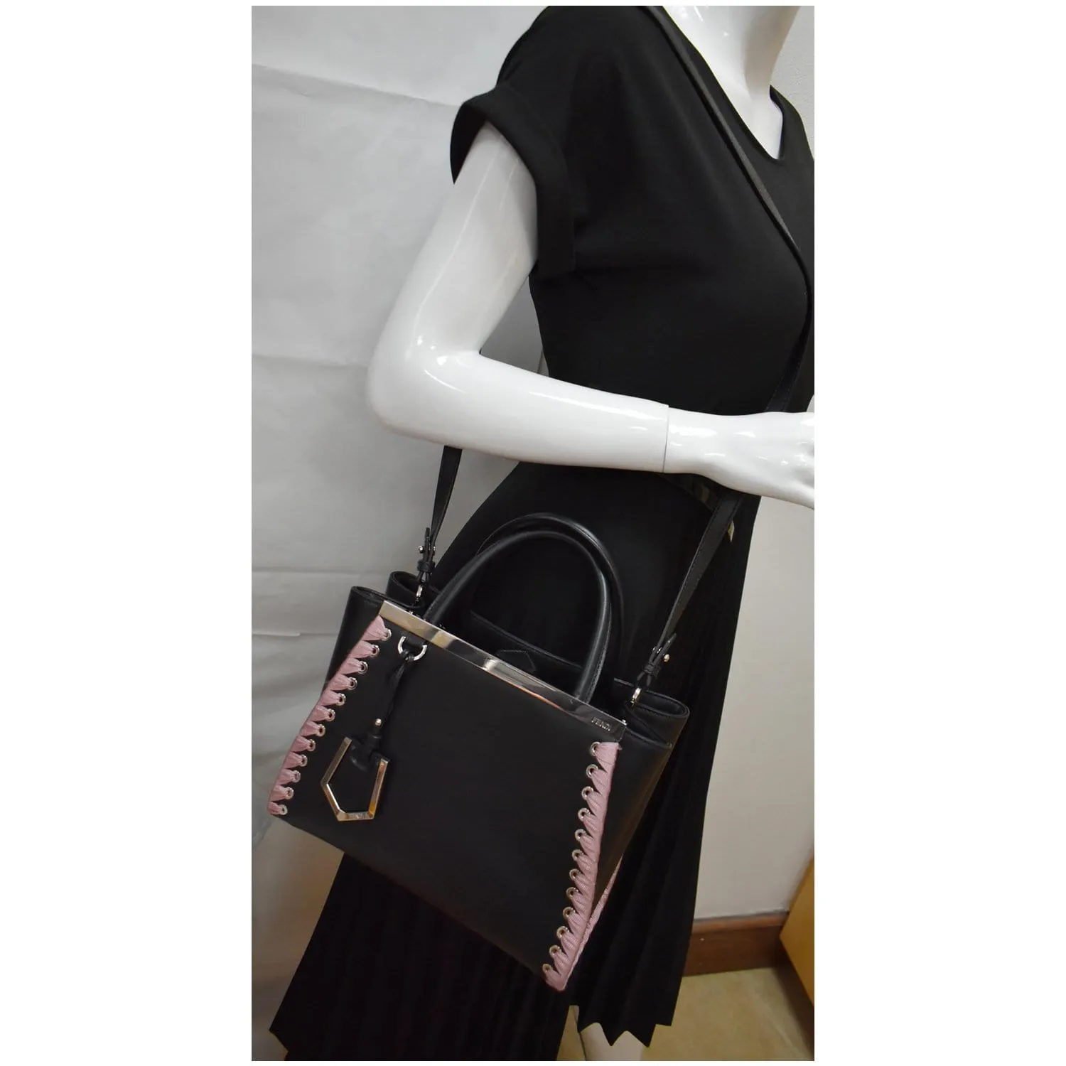FENDI Petite 2Jours Whipstitch Leather Tote Shoulder Bag Black