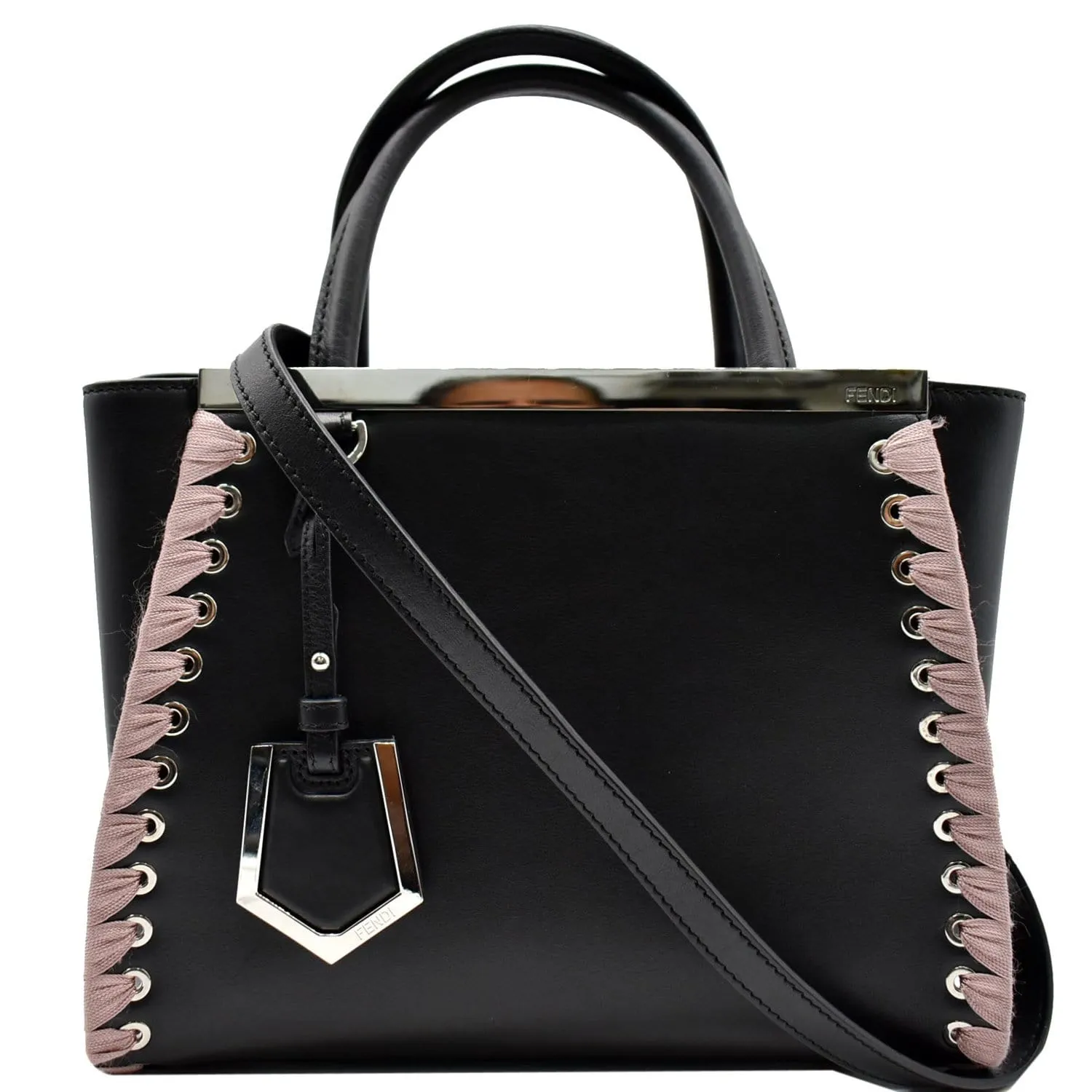 FENDI Petite 2Jours Whipstitch Leather Tote Shoulder Bag Black