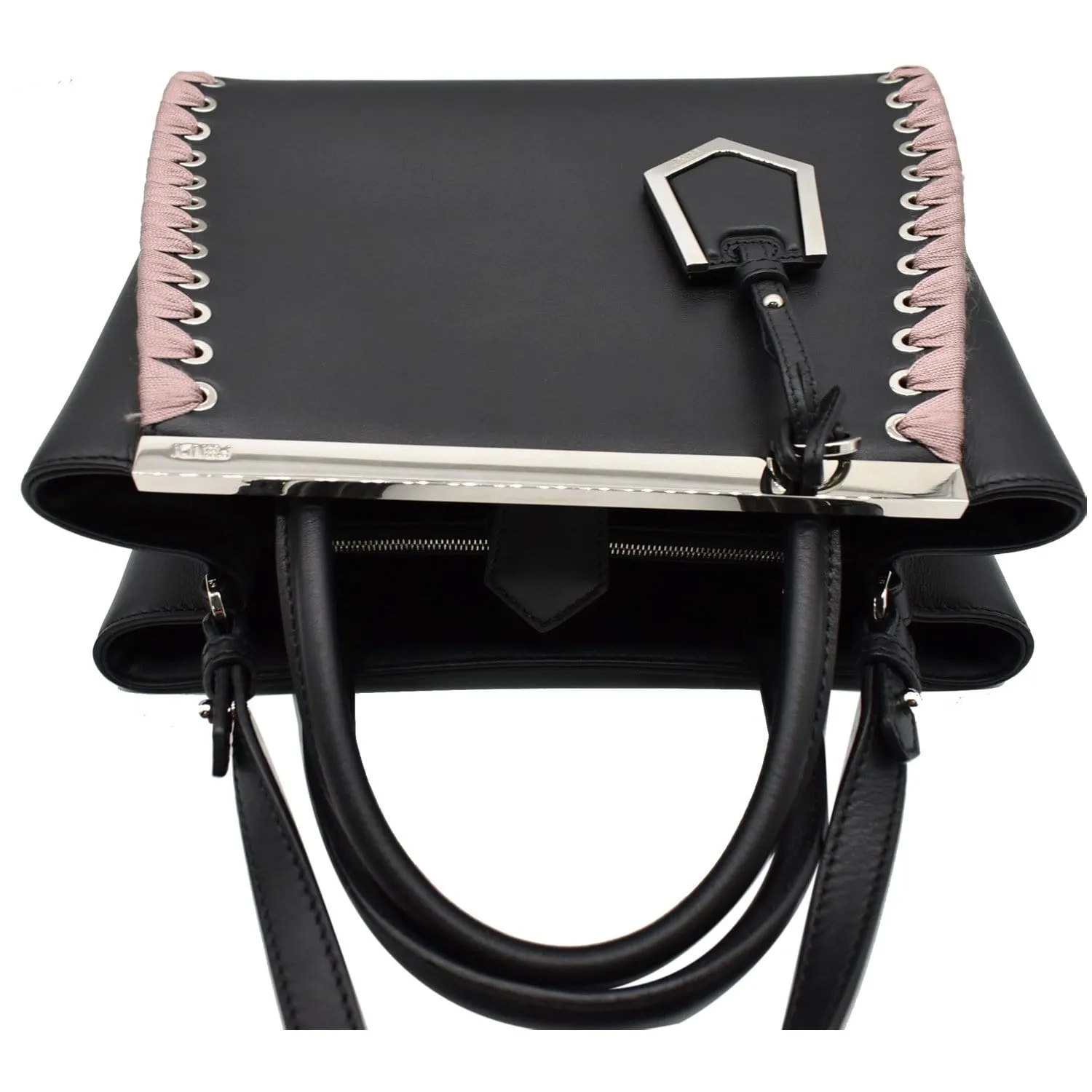 FENDI Petite 2Jours Whipstitch Leather Tote Shoulder Bag Black