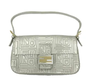 Fendi Silver Embossed Logo Baguette Bag