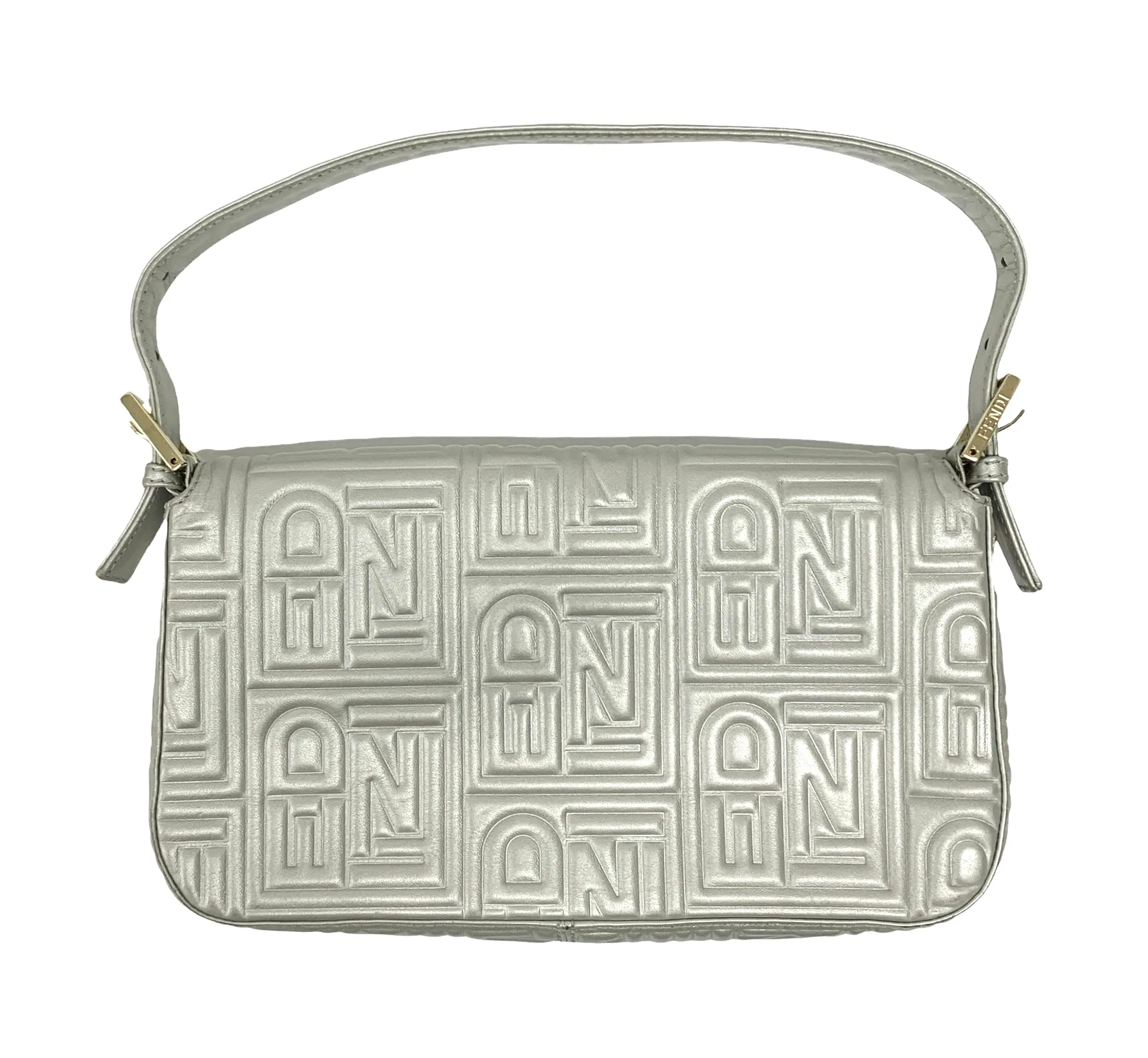 Fendi Silver Embossed Logo Baguette Bag