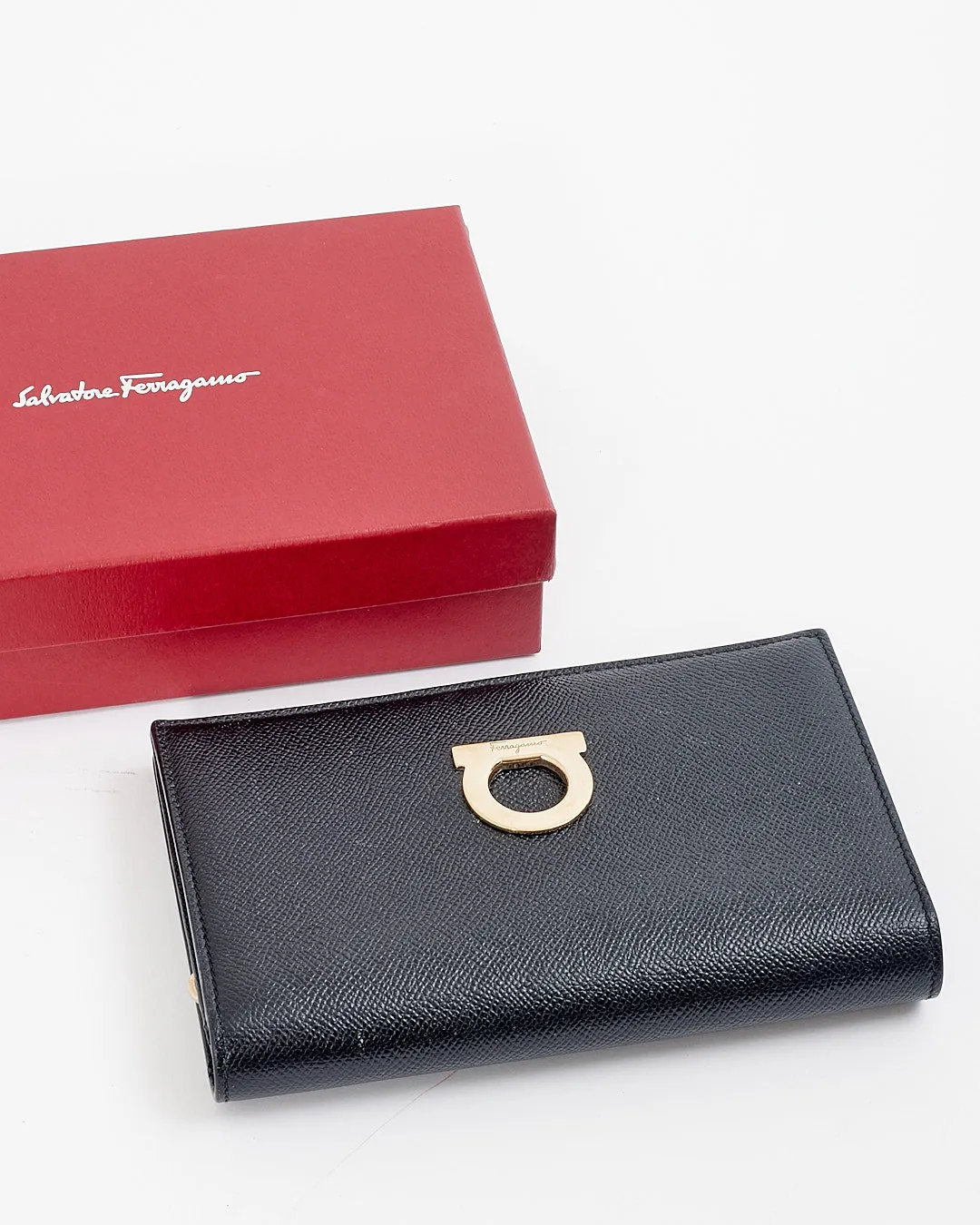 Ferragamo Black Leather Bi-Fold Organizer Wallet
