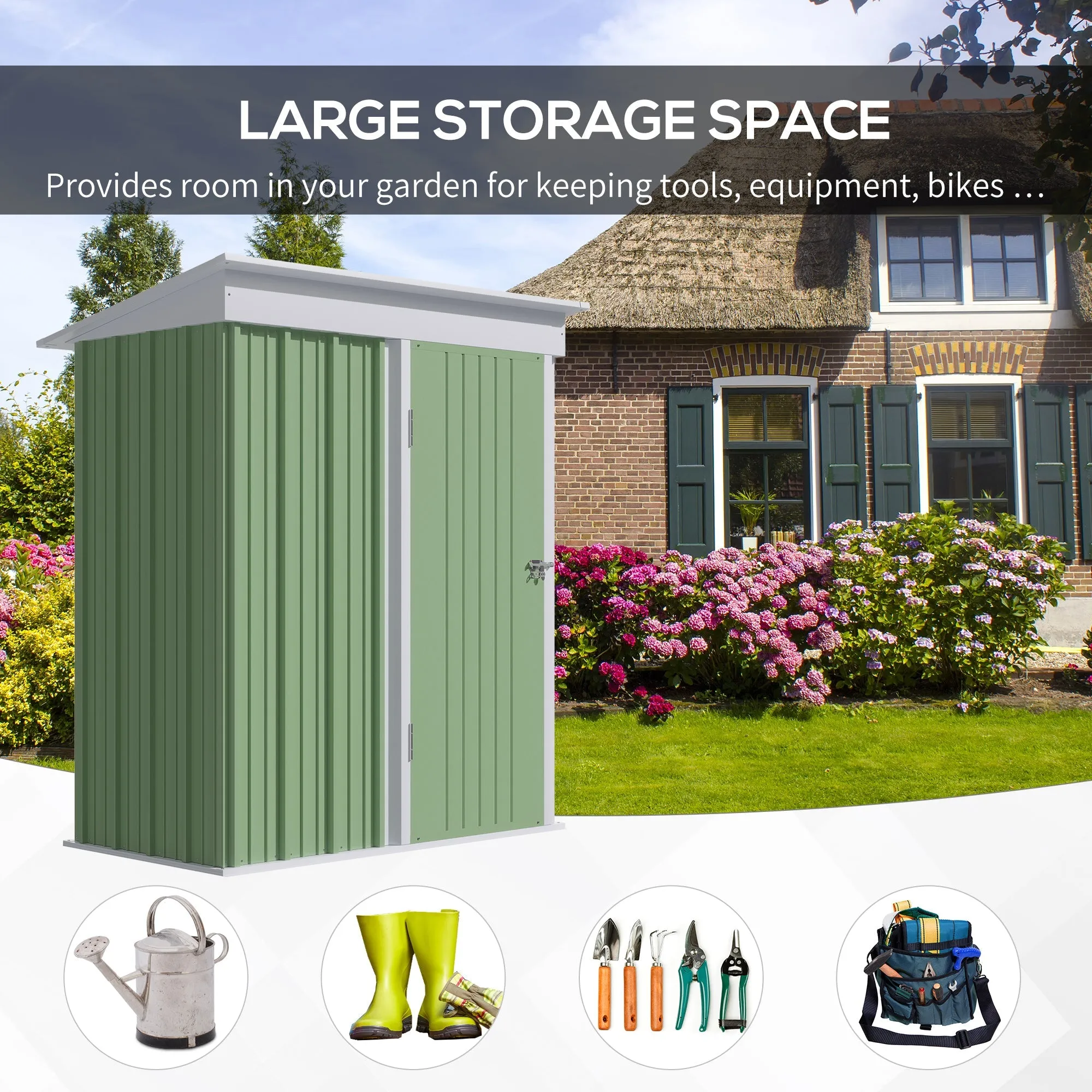 Galvanised 5 x 3' Single Door Reverse Pent Garden Store Steel Green by Steadfast