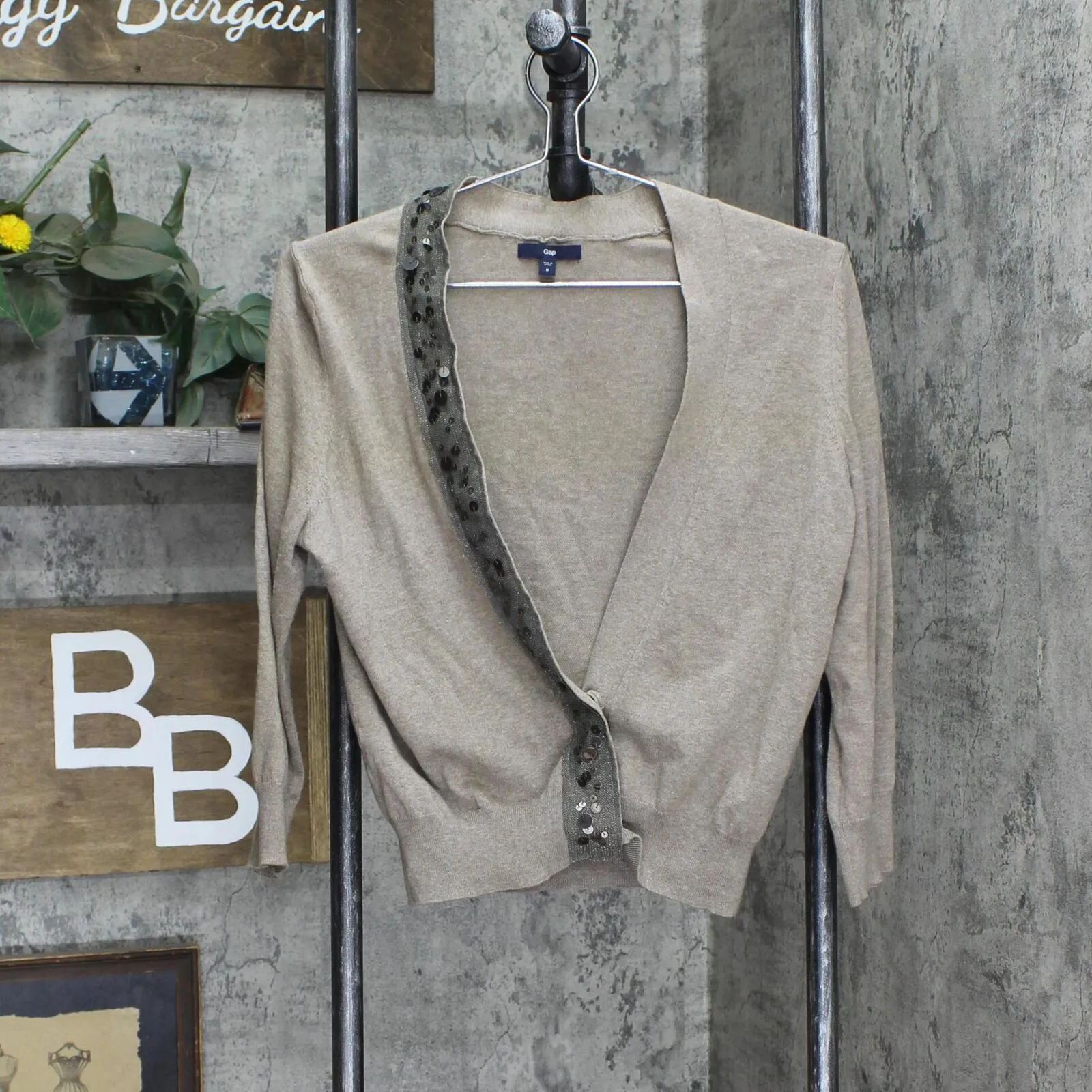 Gap Womens Sequin Trim Snap Front Lightweight Cardigan Sweater Brown M
