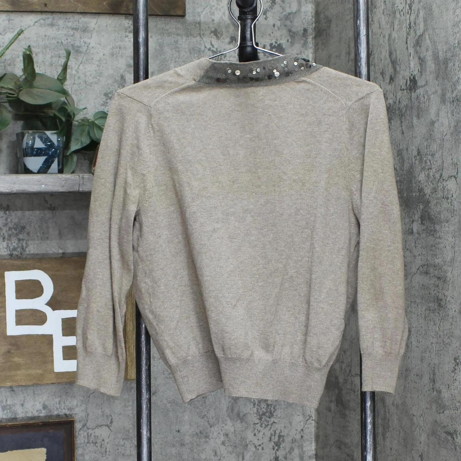 Gap Womens Sequin Trim Snap Front Lightweight Cardigan Sweater Brown M