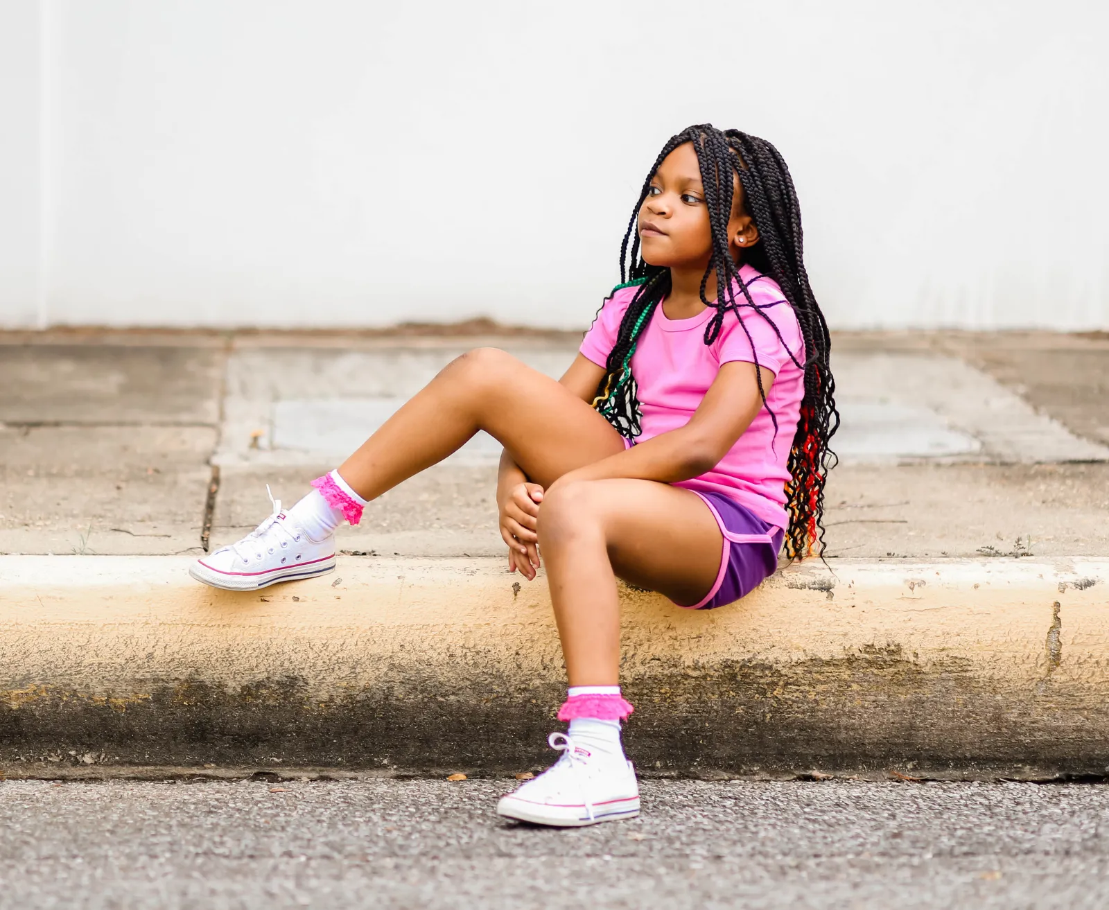 Girls Soft Cotton Knit Short with Trim | Purple w. Bubblegum Trim
