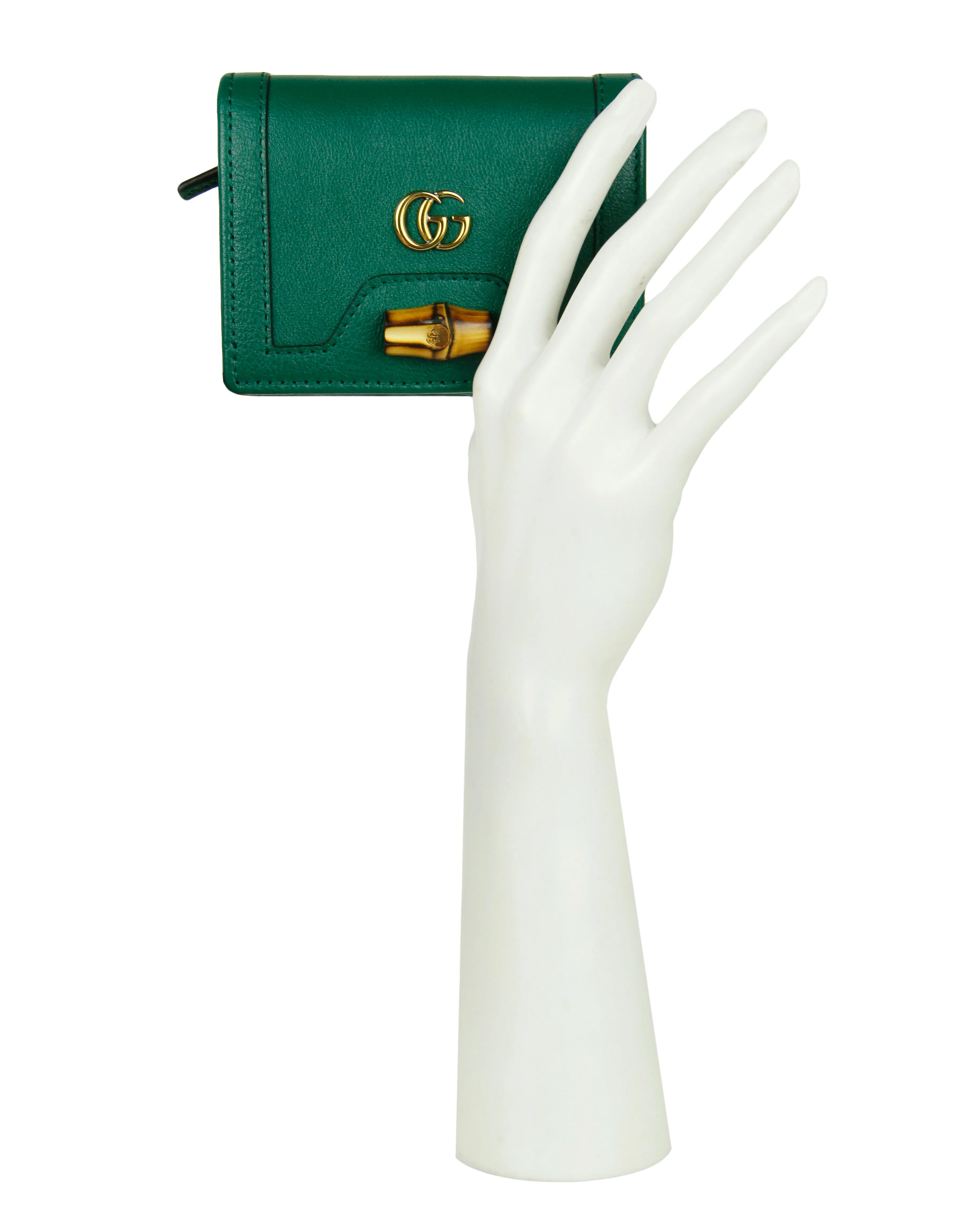 Gucci Emerald Green Calfskin Leather Diana Bamboo Card Case Wallet