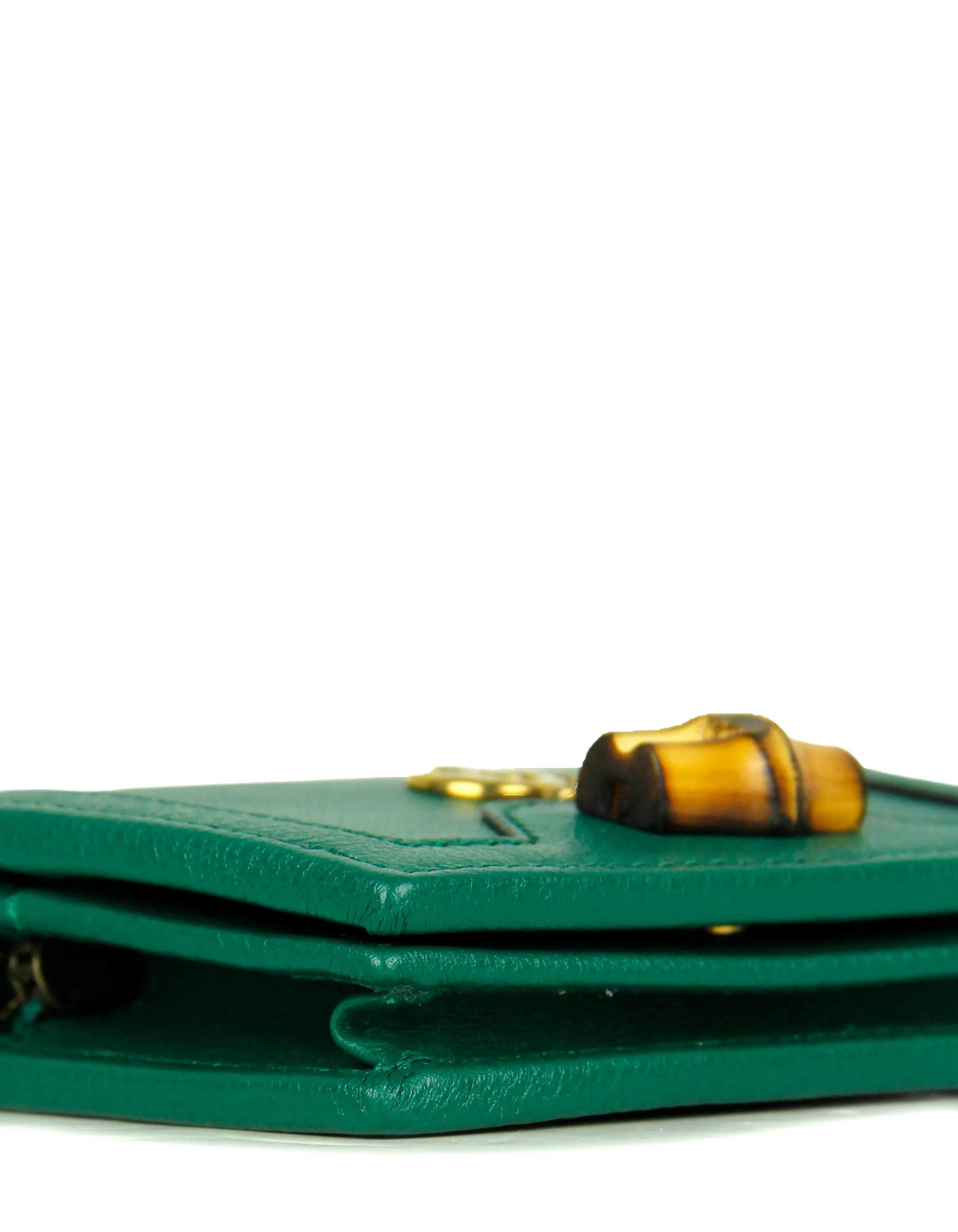 Gucci Emerald Green Calfskin Leather Diana Bamboo Card Case Wallet