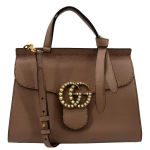 GUCCI GG Marmont Leather Top Handle Shoulder Bag Beige 421890