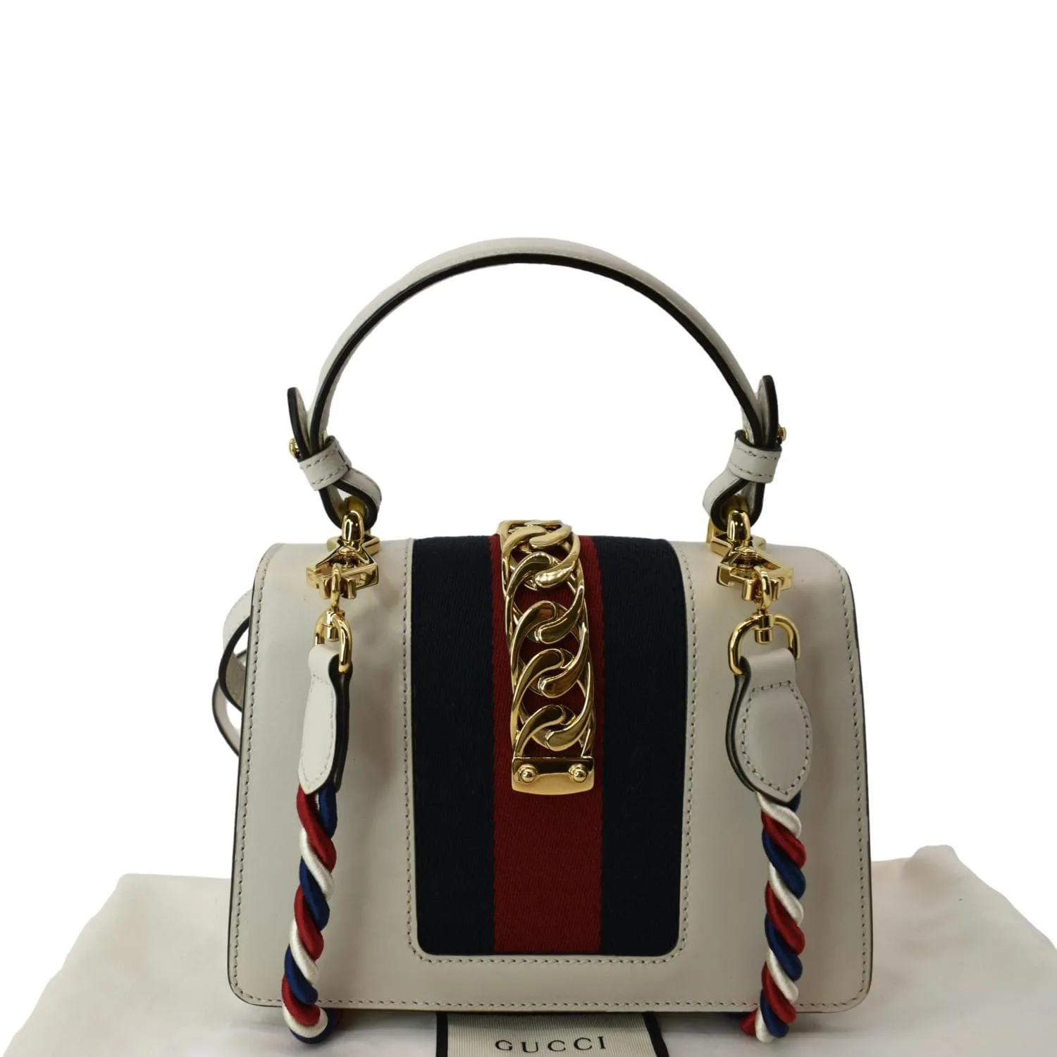 GUCCI Sylvie Mini Leather Top Handle Crossbody Bag White 470270
