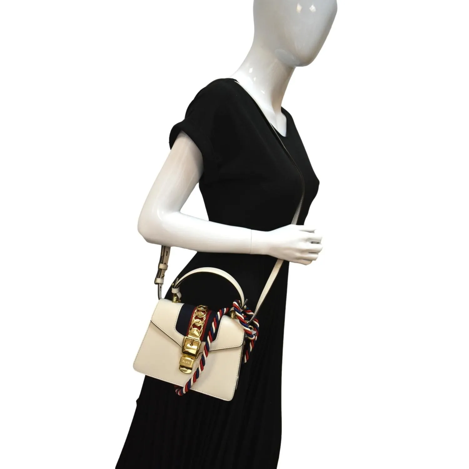 GUCCI Sylvie Mini Leather Top Handle Crossbody Bag White 470270