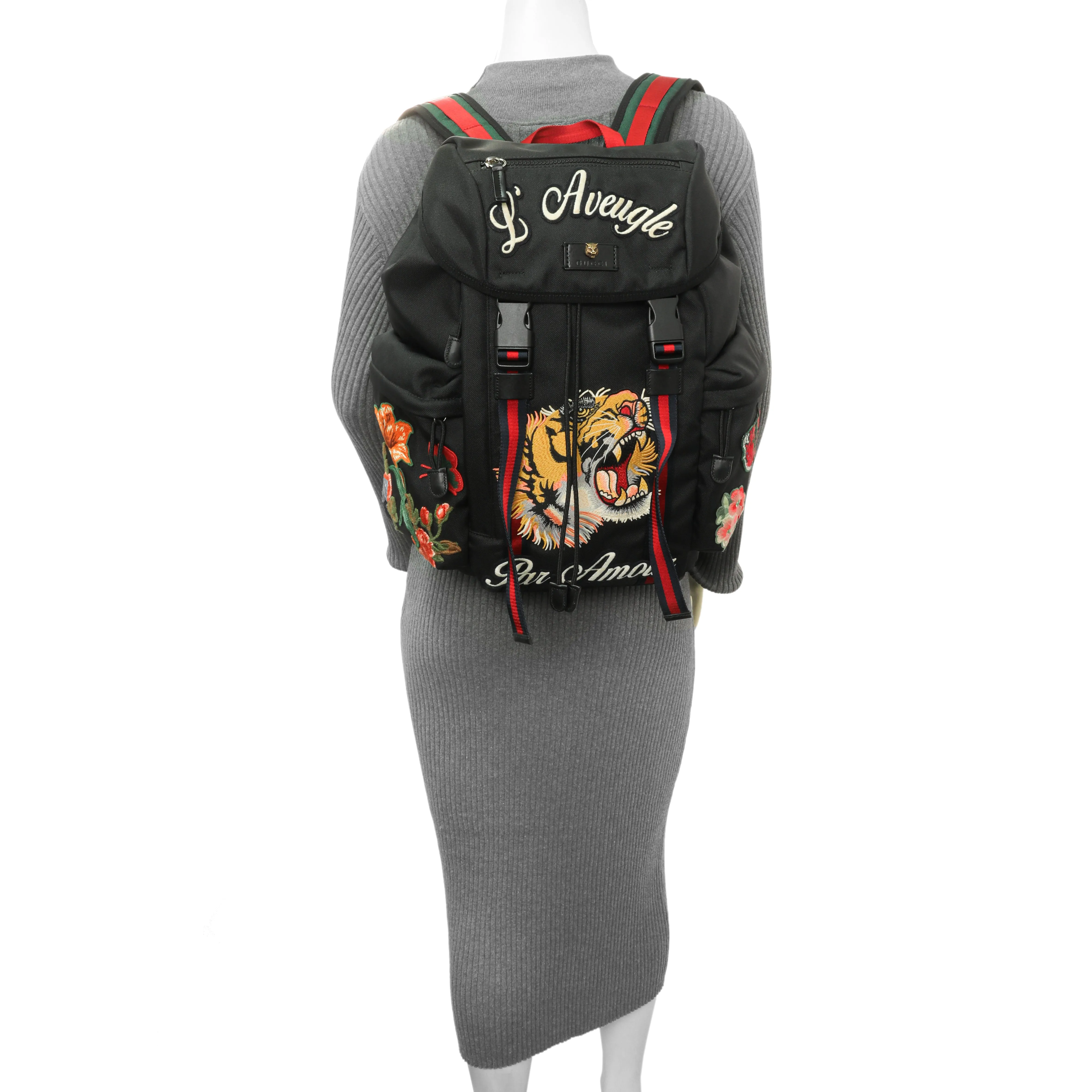 Gucci Techno Canvas Web L'Aveugle Par Amour Embroidered Double Buckle Backpack