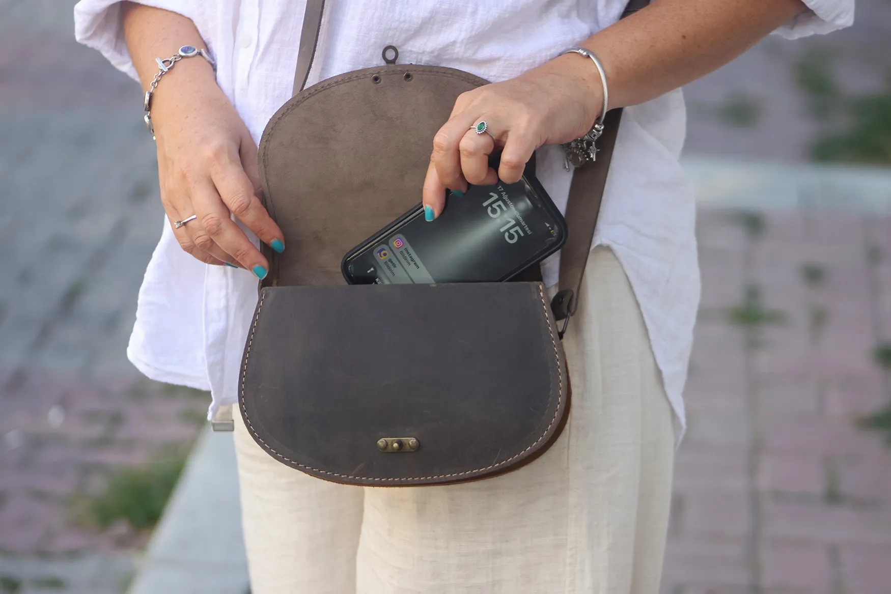 Handmade Leather Crossbody Bag for Women Black Cat Pattern