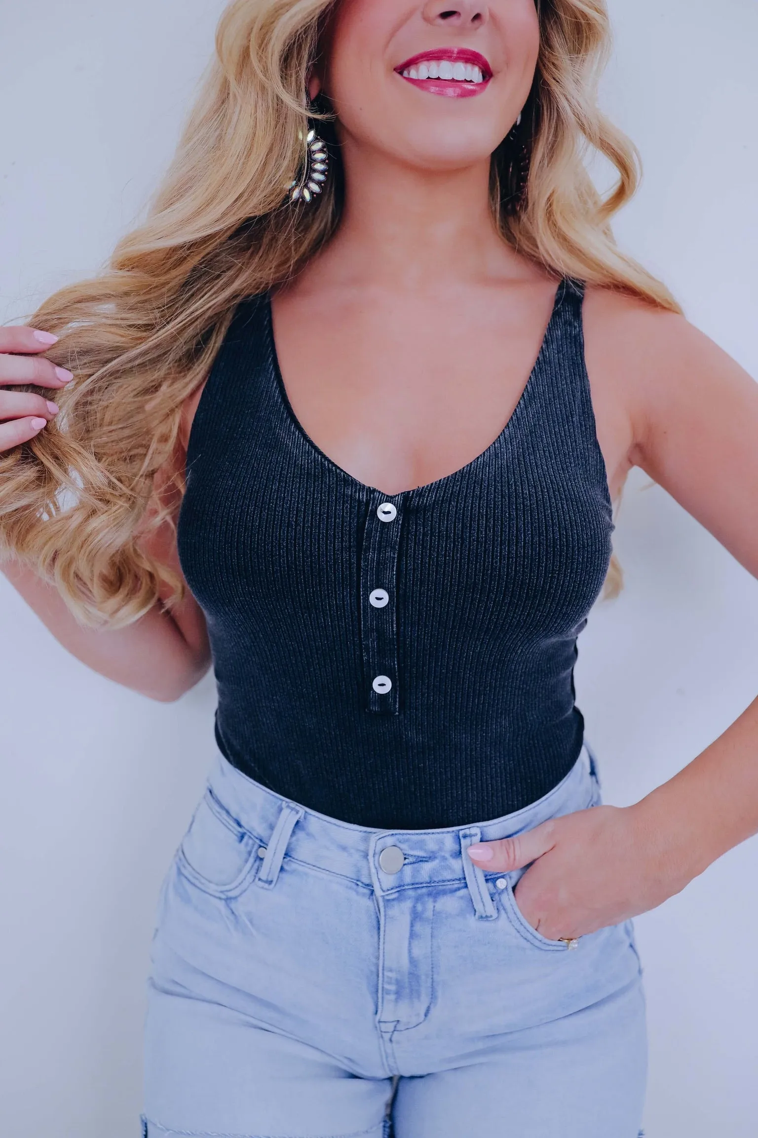 Henley Cross Back Strap Bodysuit - Black