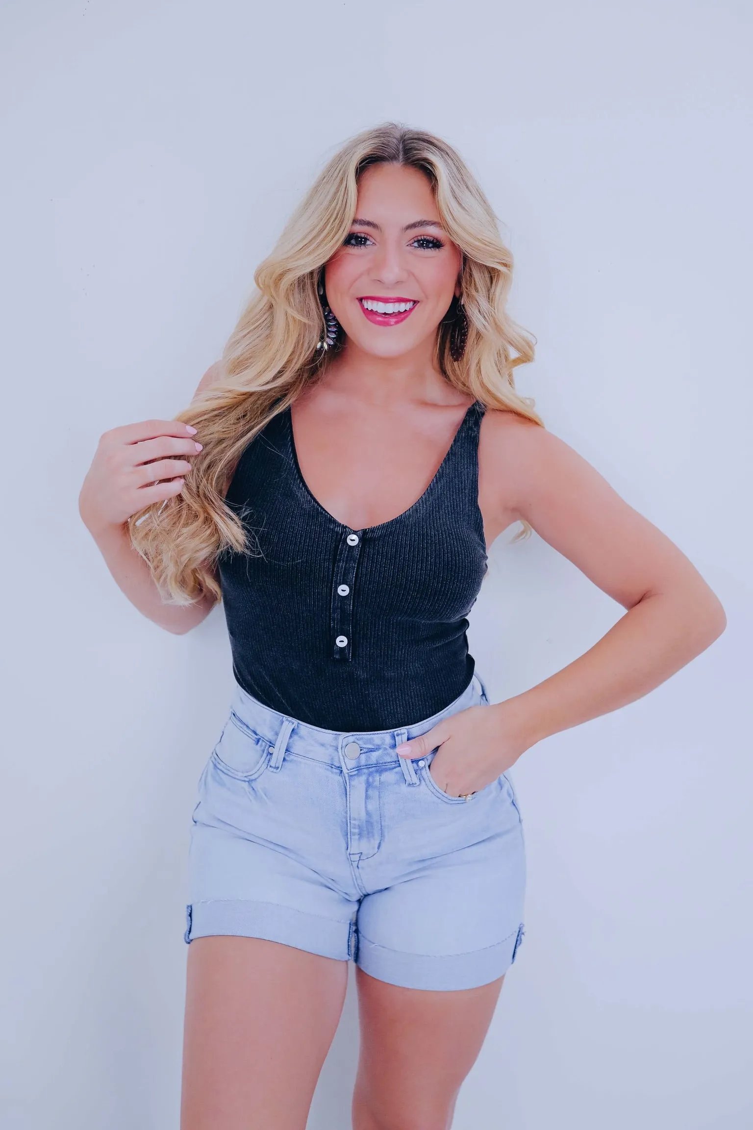 Henley Cross Back Strap Bodysuit - Black