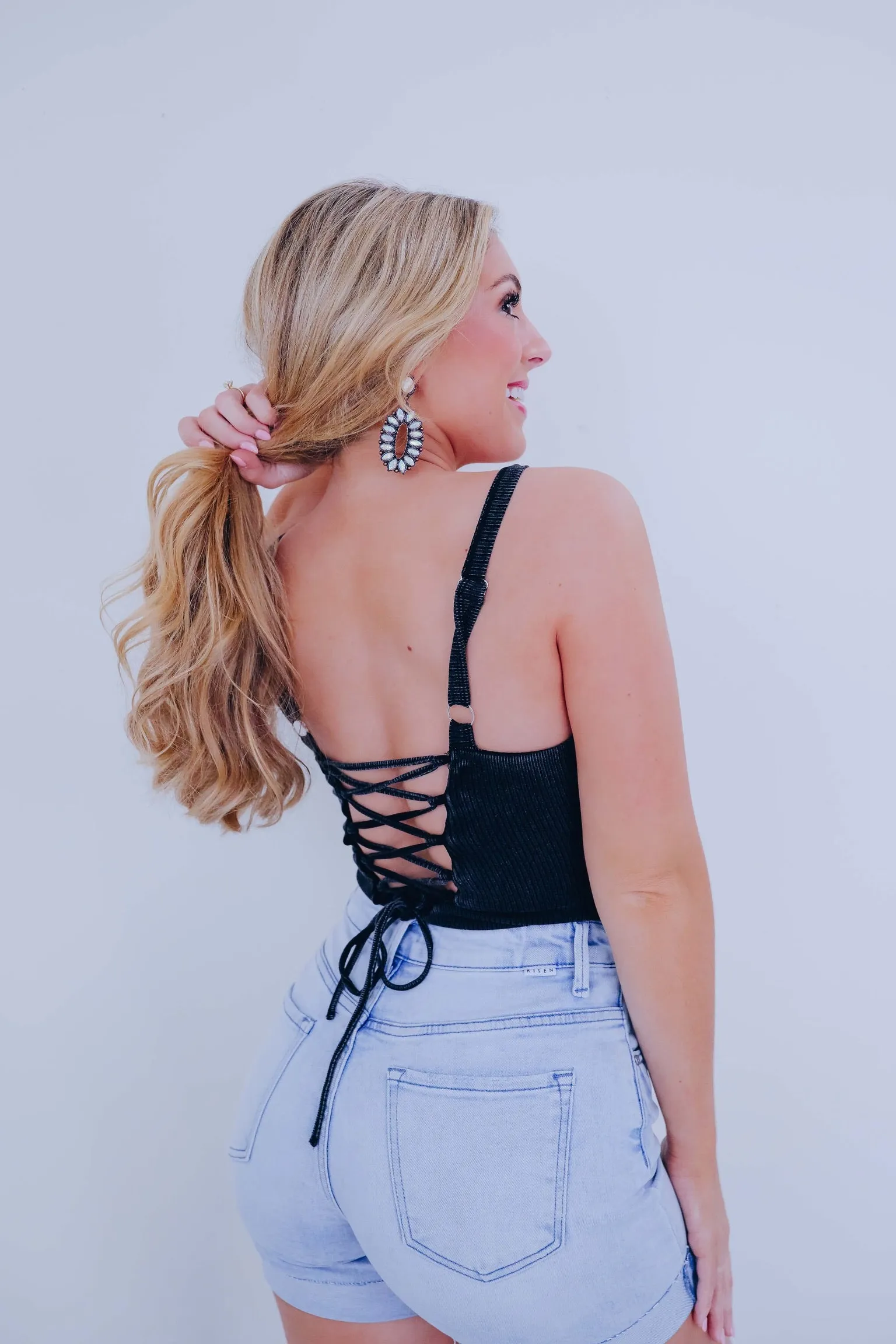 Henley Cross Back Strap Bodysuit - Black