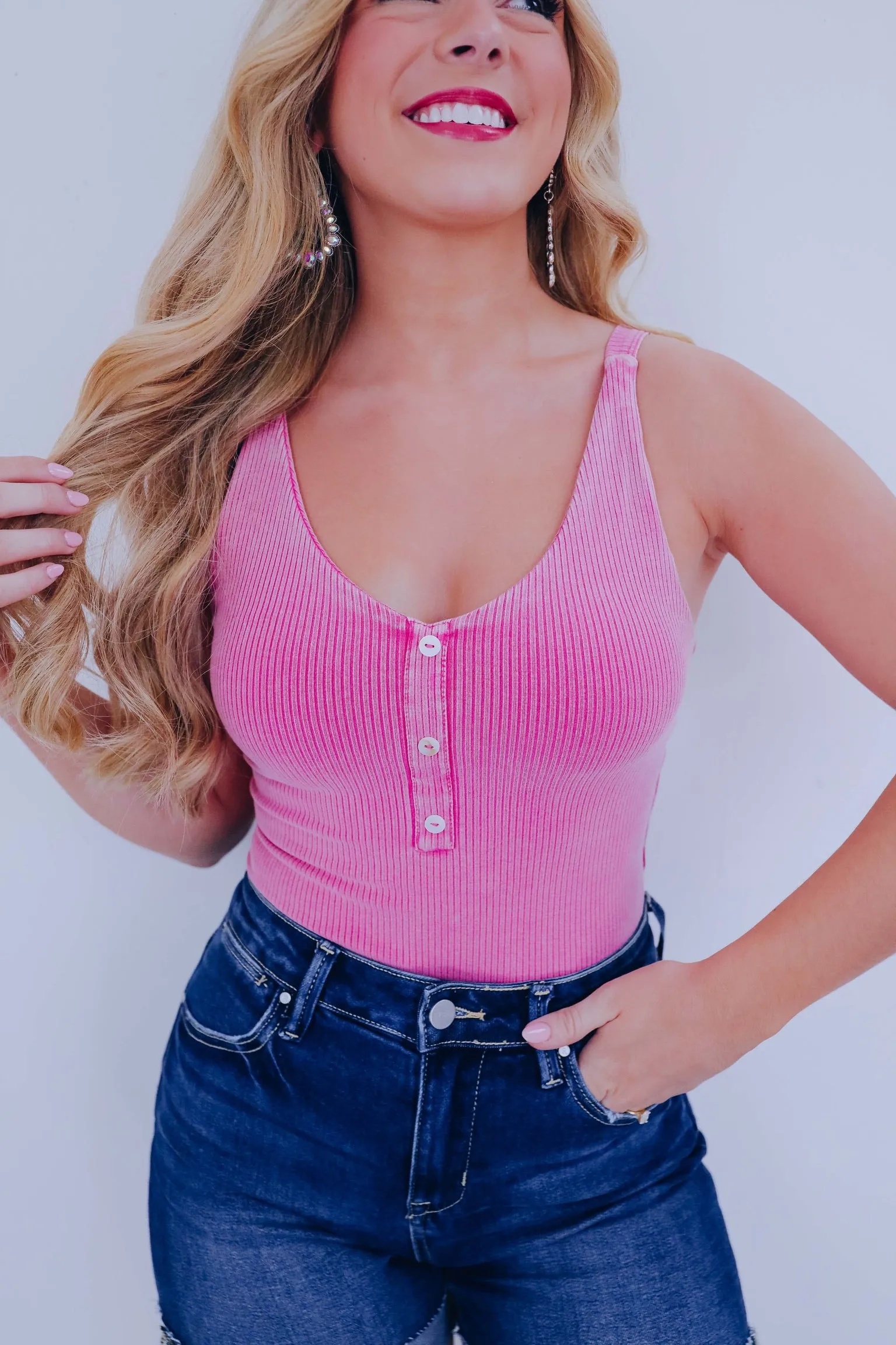 Henley Cross Back Strap Bodysuit - Pink