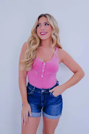 Henley Cross Back Strap Bodysuit - Pink