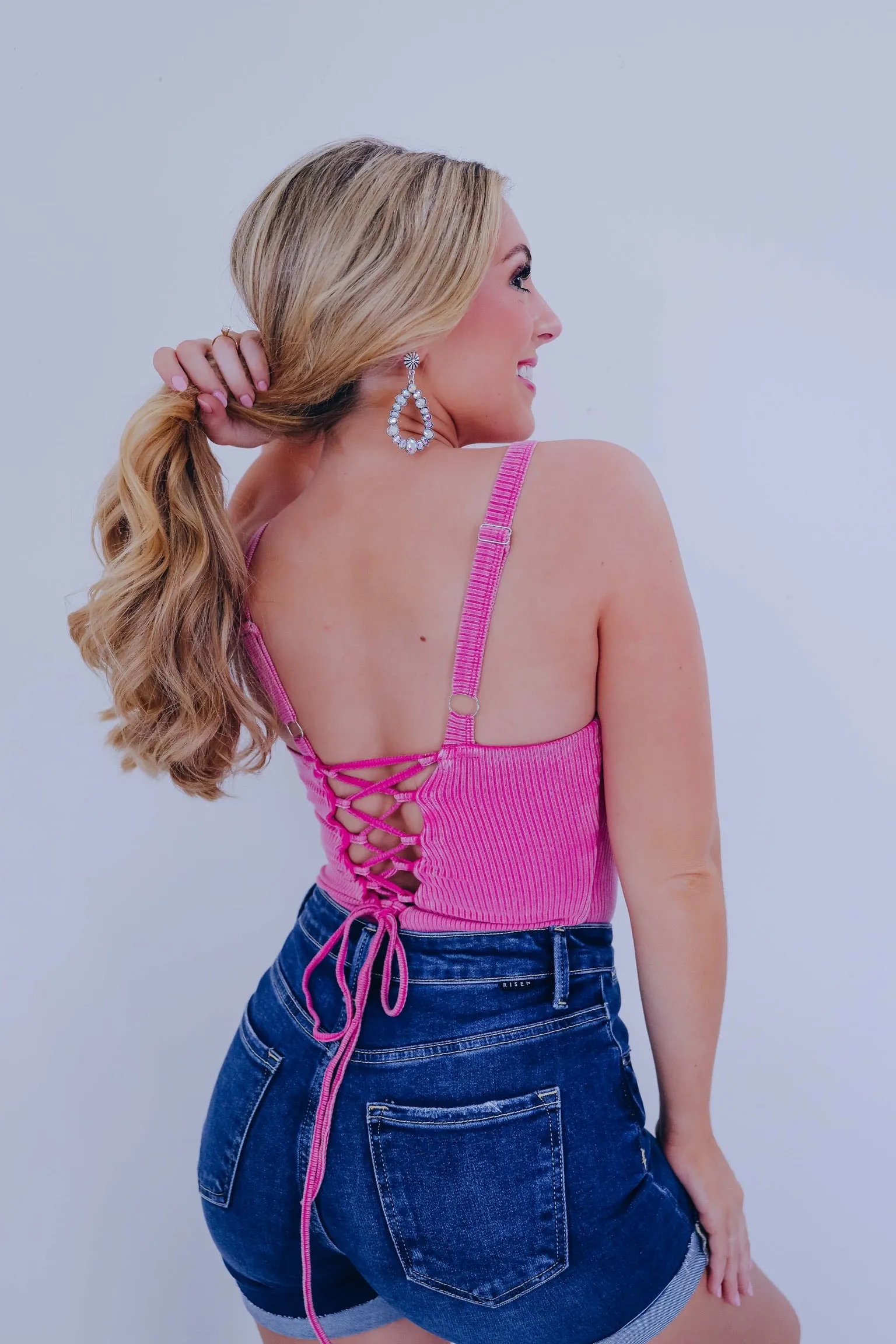 Henley Cross Back Strap Bodysuit - Pink