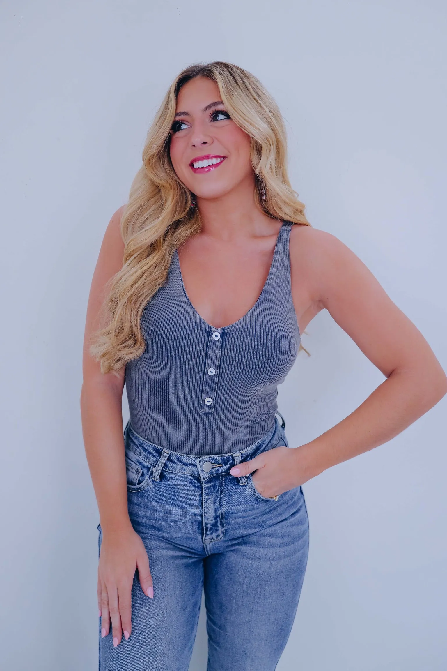 Henley Cross Back Strap Bodysuit - Washed Denim