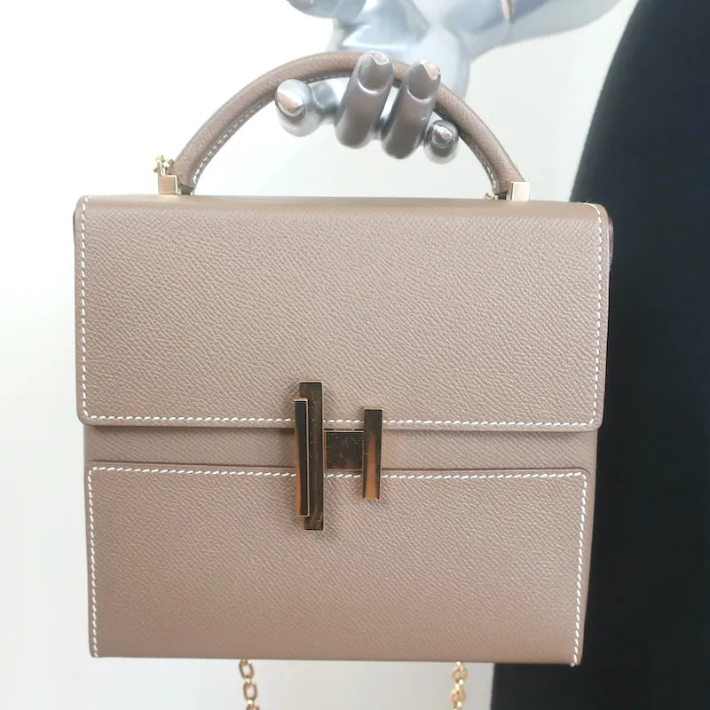 Hermes Cinhetic Boxy Top Handle Bag Etoupe Epsom Leather Chain Strap Crossbody