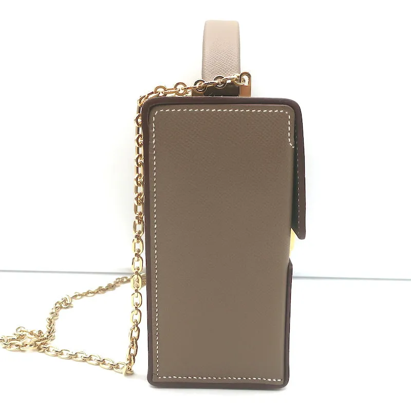 Hermes Cinhetic Boxy Top Handle Bag Etoupe Epsom Leather Chain Strap Crossbody