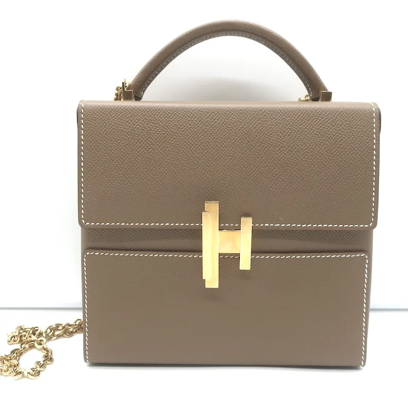 Hermes Cinhetic Boxy Top Handle Bag Etoupe Epsom Leather Chain Strap Crossbody