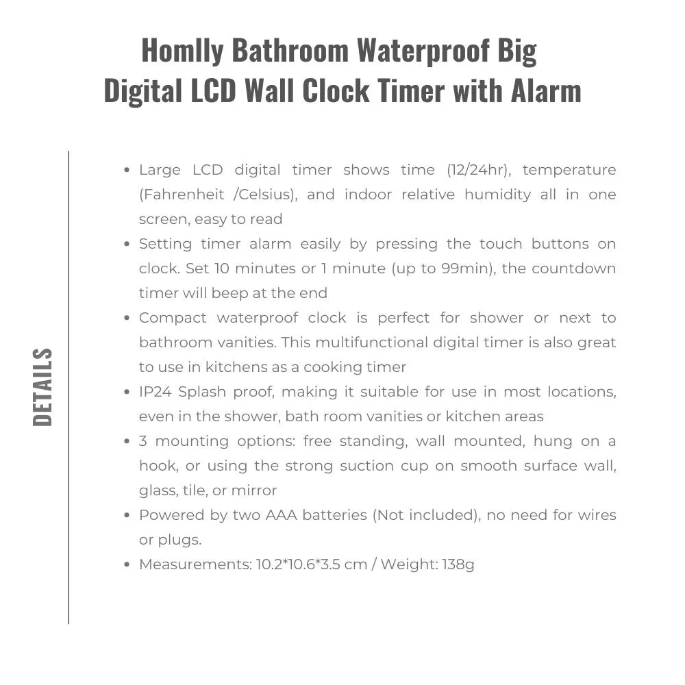 Homlly Bathroom Waterproof Big Digital LCD Wall Clock Timer with Alarm