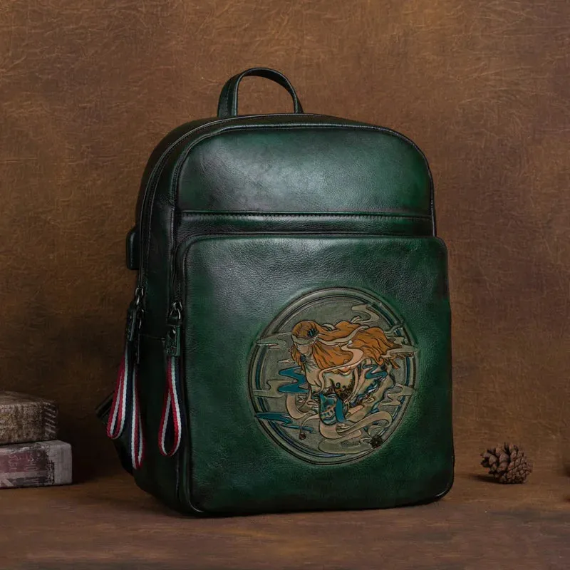 Ivy Embossed Leather Backpack - USB Power Plug - Black/Brown/Green/Red