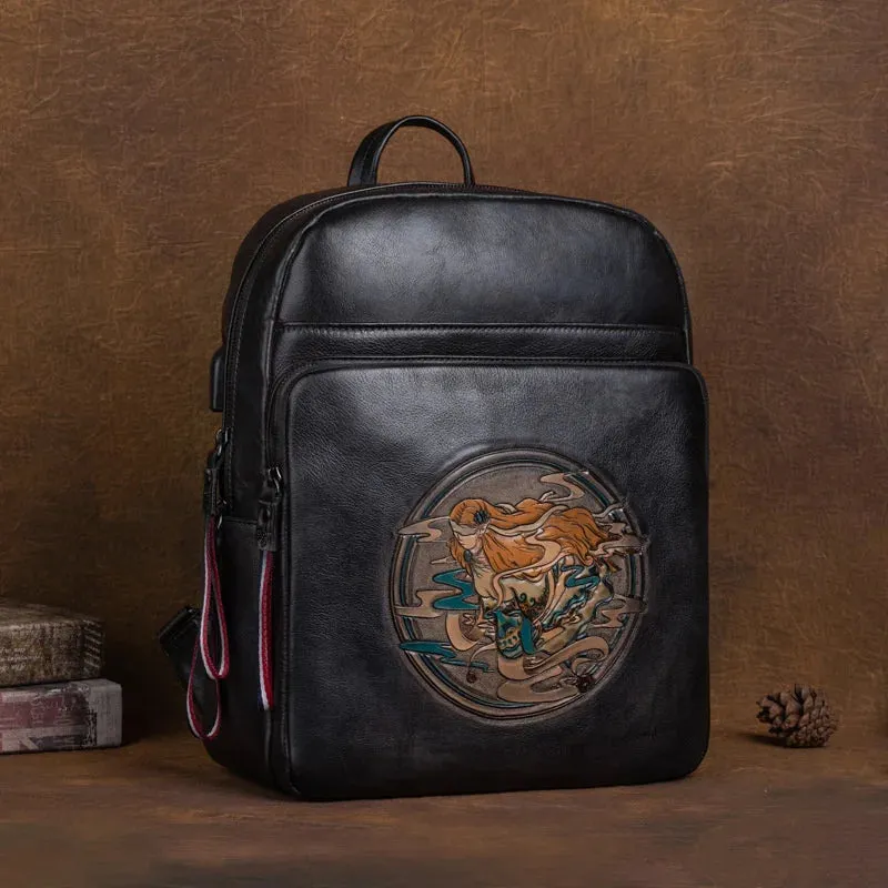Ivy Embossed Leather Backpack - USB Power Plug - Black/Brown/Green/Red