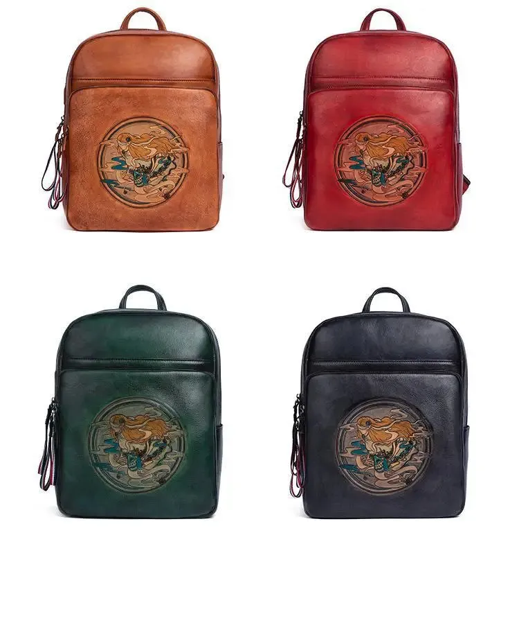Ivy Embossed Leather Backpack - USB Power Plug - Black/Brown/Green/Red