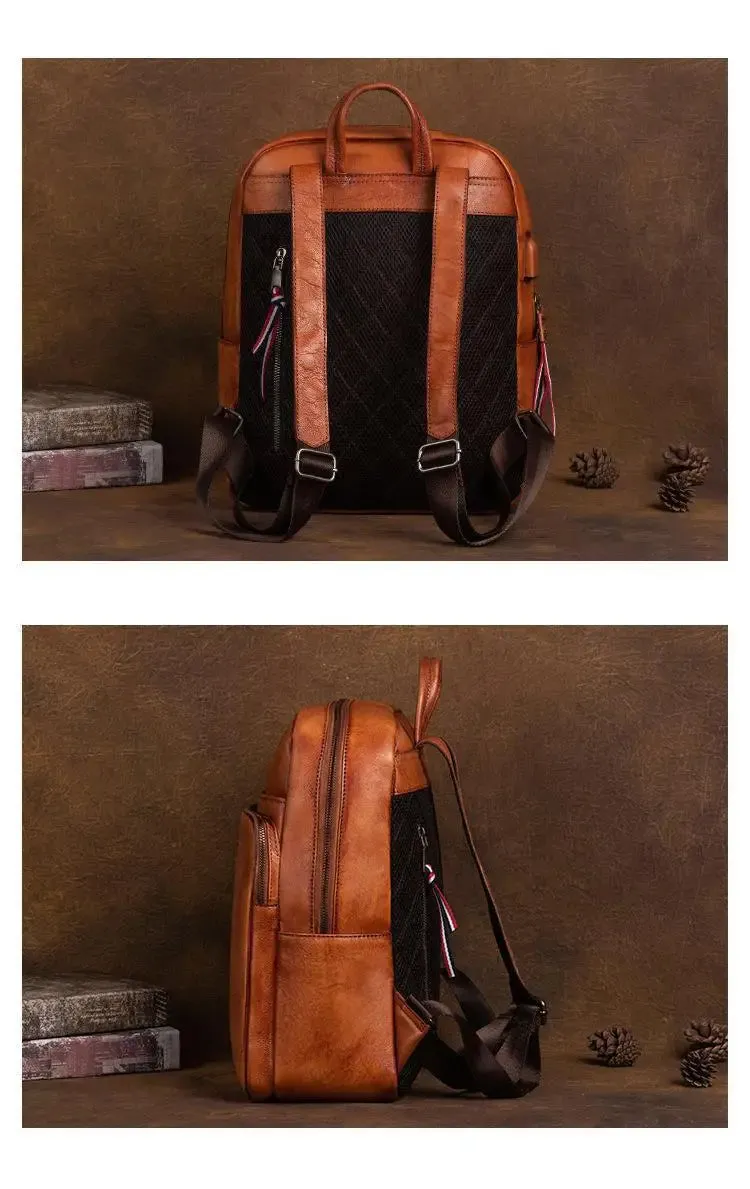 Ivy Embossed Leather Backpack - USB Power Plug - Black/Brown/Green/Red