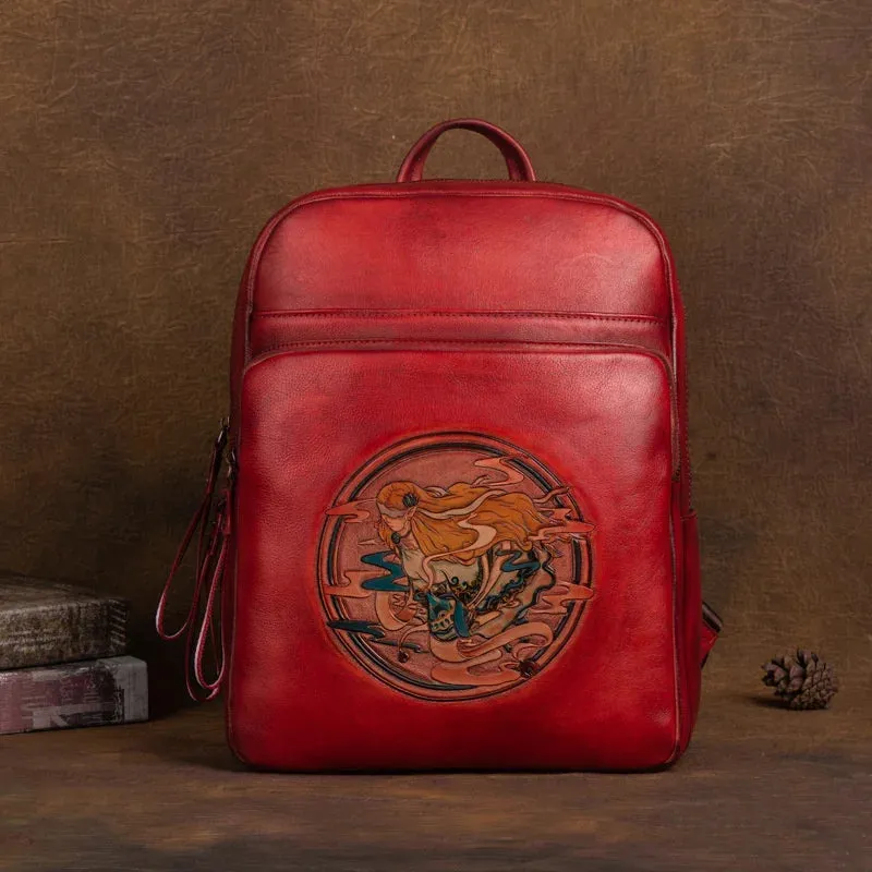 Ivy Embossed Leather Backpack - USB Power Plug - Black/Brown/Green/Red