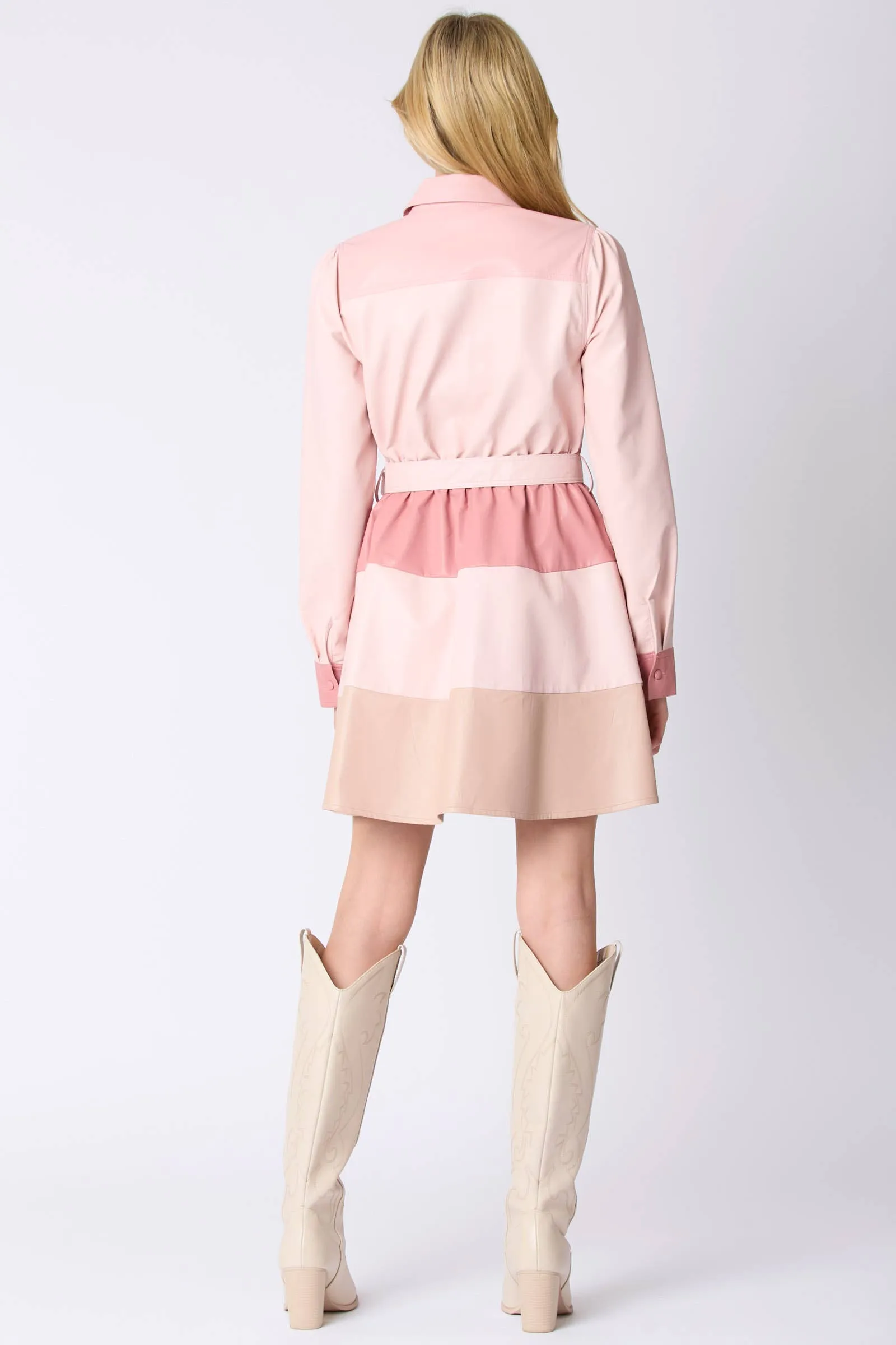 Leather Color Block Button Down Shirt Dress