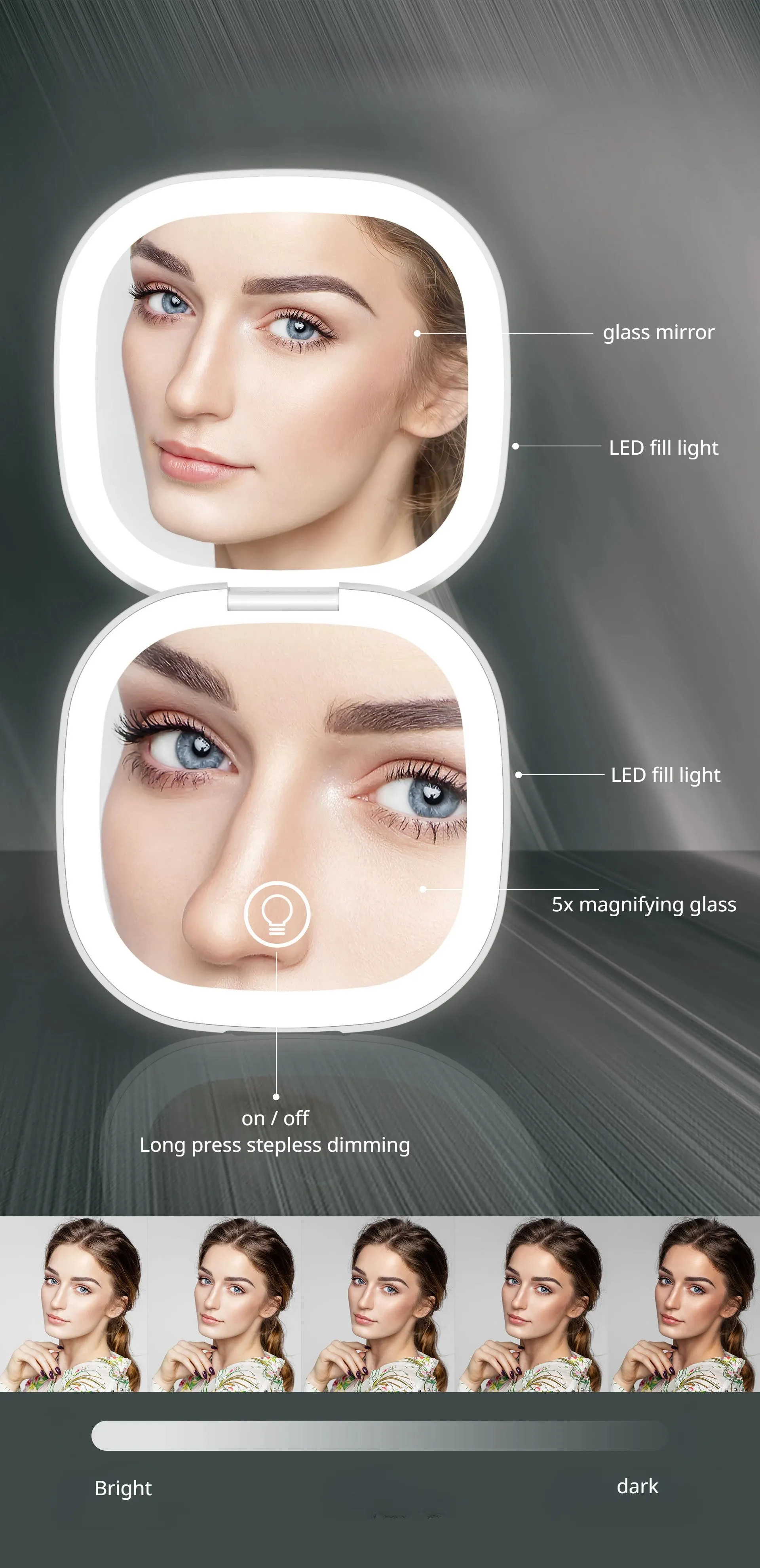 LED 5X/10X Magnifying Compact Mirror – Portable Foldable Rechargeable Travel Makeup Mirror