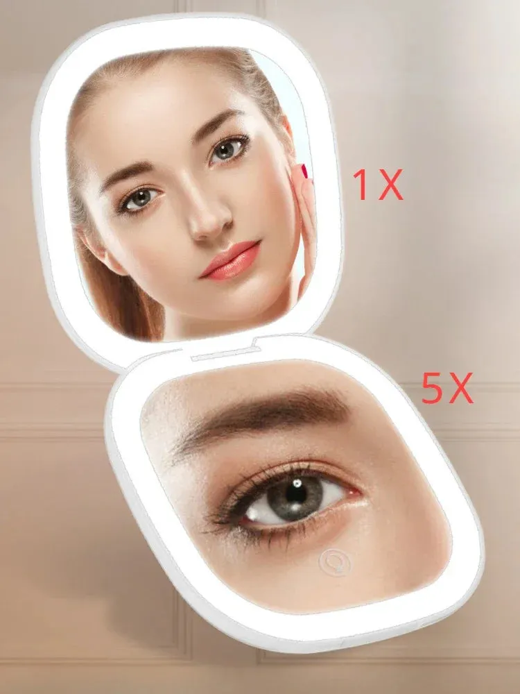 LED 5X/10X Magnifying Compact Mirror – Portable Foldable Rechargeable Travel Makeup Mirror