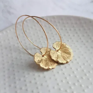 Lily Pad Earrings, large gold hoops, gold lilypad, gold lotus earring, lightweight hoops, lotus leaf earring, thin gold hoops, 2 inch hoops