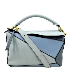 LOEWE Puzzle Medium Calfskin Leather Shoulder Bag Aqua Light Blue