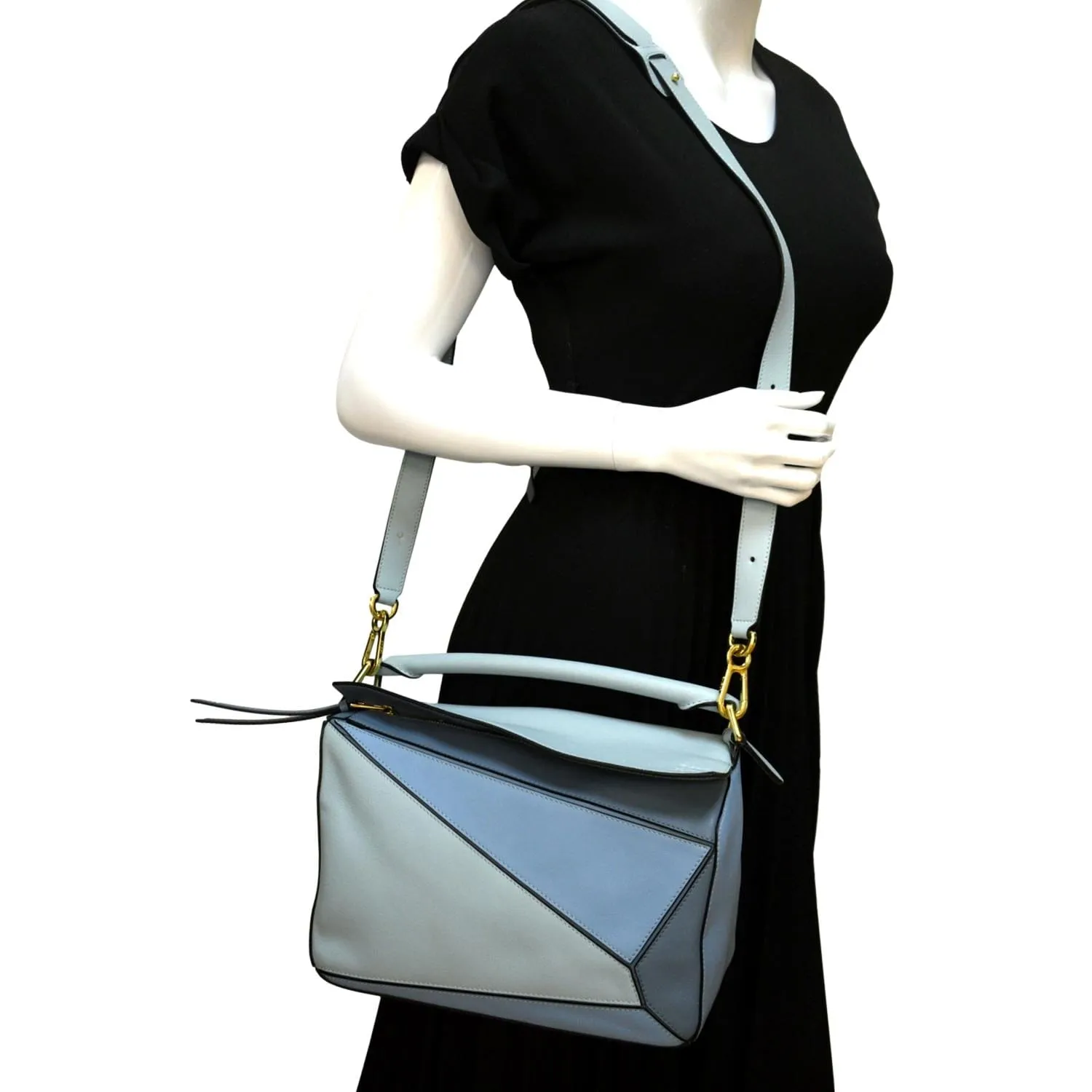 LOEWE Puzzle Medium Calfskin Leather Shoulder Bag Aqua Light Blue