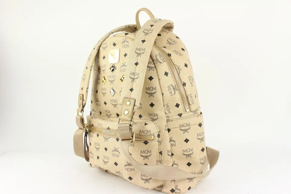 MCM Beige Monogram Visetos Logo Medium Studded Stark Backpack 921mcm73