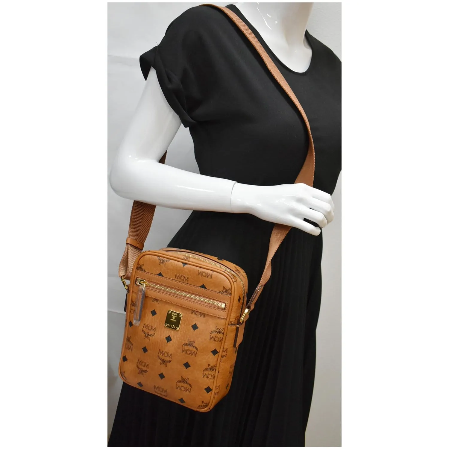 MCM KL Mini Visetos Monogram Canvas Crossbody Bag Cognac