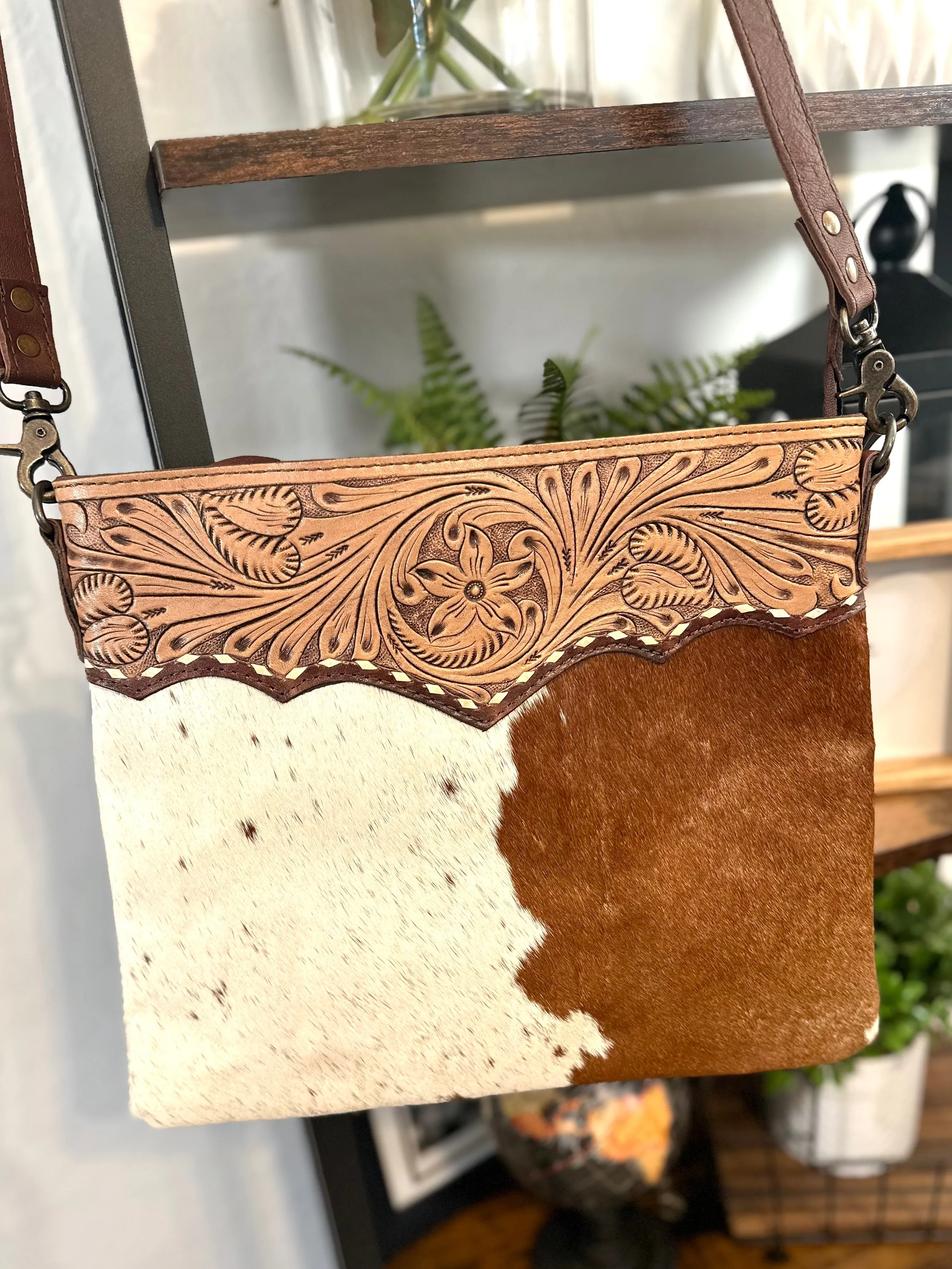 Medium Size Leather Tooled and Cowhide Western Handbag