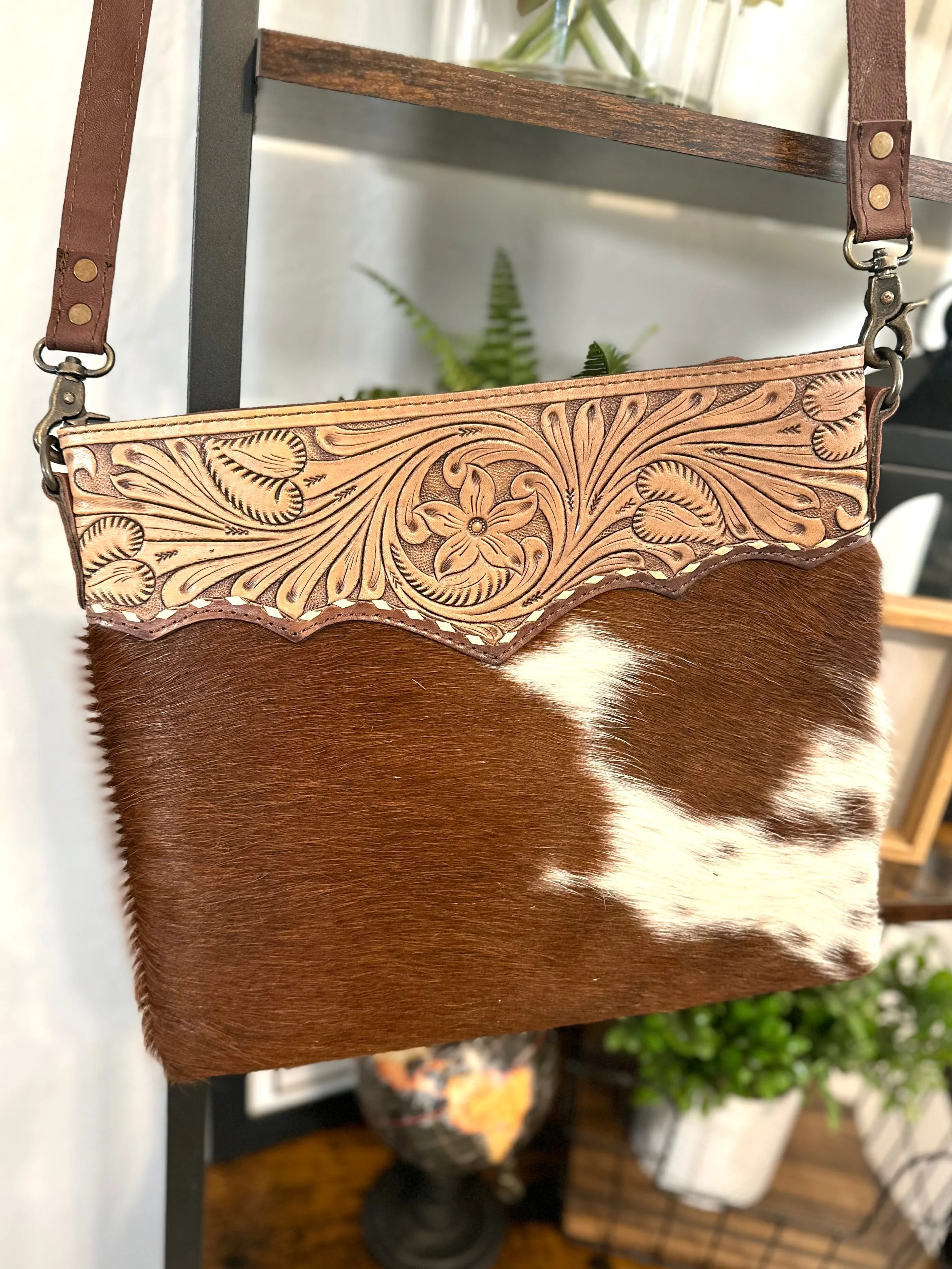 Medium Size Leather Tooled and Cowhide Western Handbag